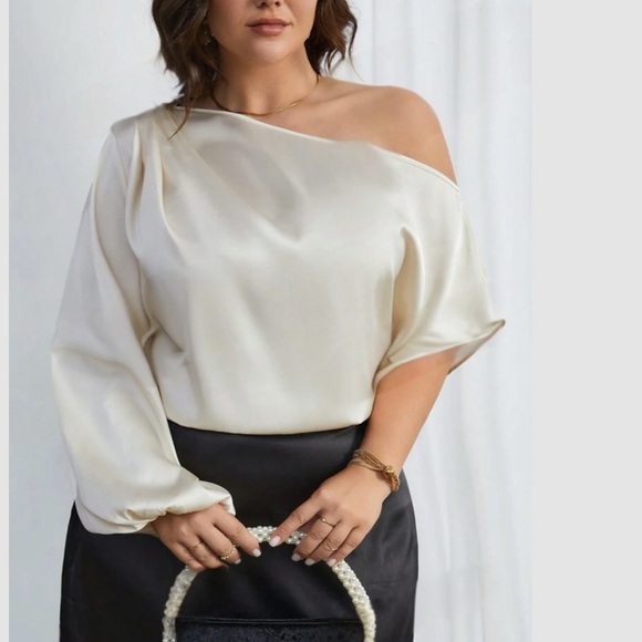 Luxe plus size dark green asymmetrical neck blouse - Picture 1 of 6